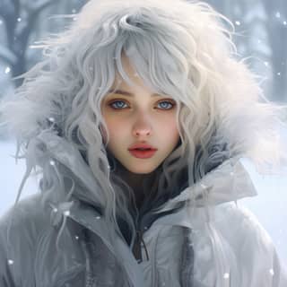 Une fille aux cheveux blancs dans un costume de science-fiction hyperréaliste se tient dans la neige.