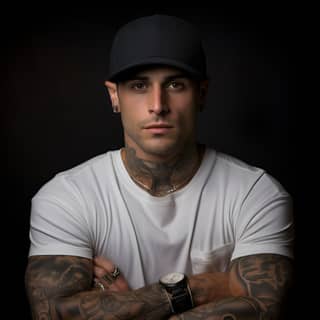 Un homme d'une trentaine d'années avec des tatouages, portant une casquette de camionneur à l'avant et un t-shirt blanc, pose pour une photo.