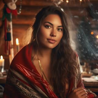 Une belle femme amérindienne de grande taille est assise dans une cabane rustique dans le nord de l'Idaho, enveloppée dans une couverture devant une cheminée, créant une atmosphère de Noël romantique.