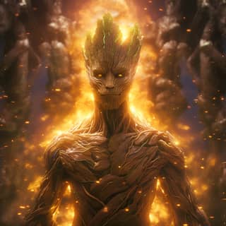 groot as a god showing how epic he is with powerful aura surrounding him High quality and high rendering