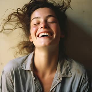 40岁的美国女人，有雀斑，栗色辫子头发，在清晨的光线下微笑和大笑，全身特写。