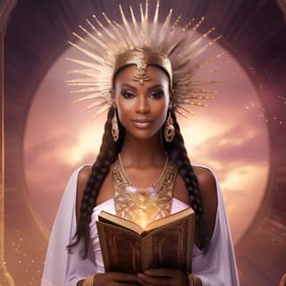 a mature african egyptian woman in an elaborate white dress and gold egyptian crown in the style of unreal engine 5 holding