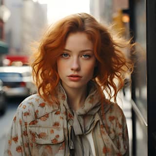 New York 35mm bên phải với mái tóc đỏ đứng giữa đường phố trung tâm thành phố