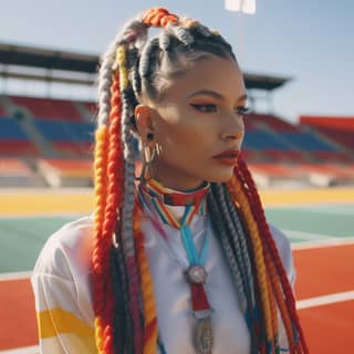 Una chica con trenzas arcoíris y rastas coloridas está parada en un campo de fútbol y pista en un estadio, con atención detallada al vestuario y la moda en la estética de los años 2000.