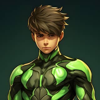 Um jovem homem de cabelos castanhos undercut e olhos verdes, usando um traje verde com poderes de energia neon verde.