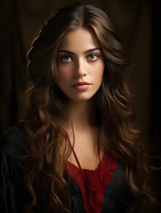 امرأة إسرائيلية حديثة مذهلة ذات شعر مستقيم طويل وعيون زرقاء، ترتدي ثوبًا أسود وفستانًا أحمر.