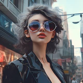 in sunglasses and a black jacket standing in the middle of a city street