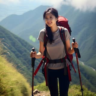 バックパックとトレッキングポールを持って山でハイキングをしている中国の女の子。