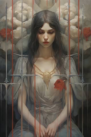 Il tarocco dei 3 di spade mostra una donna che piange con 3 spade nel cuore, simboleggiando delusione e sofferenza senza sogni che si avverano, rappresentata nello stile degli artisti Rebecca Guay, Tom Bagshaw e Charles Vess.