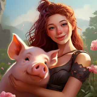 Une femme rousse jouant avec son cochon de compagnie dans un pré de fleurs sauvages dans un cadre de guerre fantastique Warhammer.