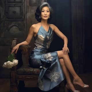 Asian Women in her 50s Hyper Realistic Beautiful Mini Strapless dress posing sitting