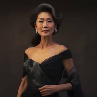 Asiatische Frau in ihren 50ern trägt ein hyperrealistisches wunderschönes Abendkleid und posiert vor einem schwarzen Hintergrund.