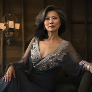 Asian Women in her 50s Hyper Realistic Beautiful evening dress posing