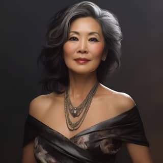 Asian Women in her 50s Hyper Realistic Beautiful evening dress posing