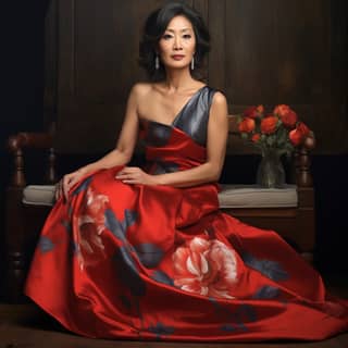 Asian Women in her 50s Hyper Realistic Beautiful strapless dress posing sitting