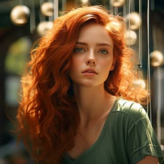Hyper realistic with curly red hair wearing green blouse sunlight fractal details depth of field detailed gorgeous face