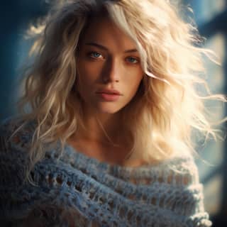 Hyper realistic with messy blond hair (blue highlights) wearing an off shoulder slim sweter sunlight fractal details depth