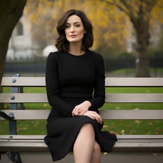 Orla Brady vistiendo un vestido negro, pantimedias Leggs y tacones altos sentada en un banco del parque.