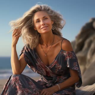 Uma mulher na casa dos 50 anos usando um vestido de verão bonito e cabelos grisalhos sentada em um banco de madeira, e outra mulher com cabelos loiros sentada em uma rocha em uma praia.