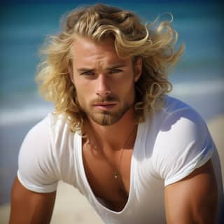 an attractive man in his 30's blonde wavy hair, with long blonde hair sitting on the beach