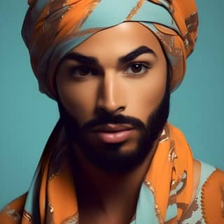 with a beard and turban wearing an orange and blue scarf