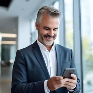 boss looking at his mobile phone in his office smiling facial detail detailed photography a good background environment