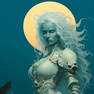 Seni womancore prajurit wanita Erik Lissheimer yang panas, terinspirasi oleh surrealisme Michael Whelan, Frazetta, Noriyoshi Ohrai, dan Walter Sibling, menggambarkan sosok dengan rambut putih panjang dan pedang di bawah bulan purnama dalam gaya surrealisme fantasi.