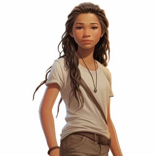 disney 14 year old native American indian girl hair neatly braided white t-shirt khaki cargo pants full body standing pose