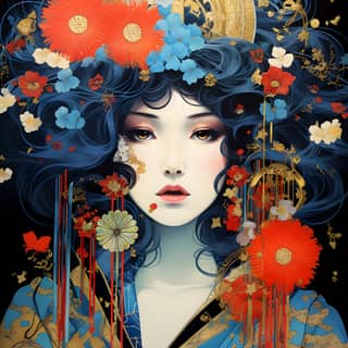 Một người đẹp geisha Maiku trong phong cách của Erté, Gustav Klimt, Moebius và Philippe Druillet, với mái tóc xanh và hoa.