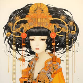 一位以Erté、Gustav Klimt、Moebius和Philippe Druillet风格打扮的艺妓Maiku，穿着东方服装，梳着大头发和帽子。