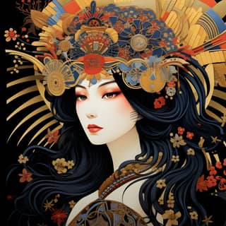 Một geisha Maiku với mái tóc đen dài và đồ trang sức vàng, đội mũ và cầm quạt.