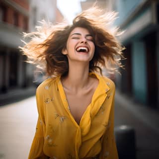 Mulher feliz rindo e sorrindo enquanto caminha pela rua.