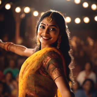 Mujer india bailando en un escenario escolar iluminado en una pose clásica con una audiencia oscura en primer plano.