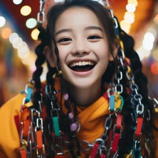 Ragazza adolescente coreana con colorati dispositivi ortodontici sui denti e treccine, sorride in una stanza luminosa.