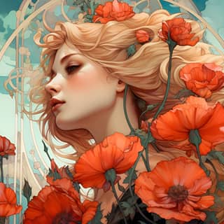 Femme blonde aux longs cheveux et aux fleurs rouges dans les cheveux contre un ciel bleu.