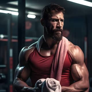 moody sweaty crossfit athelete holding a towel, with a beard and muscles in a gym