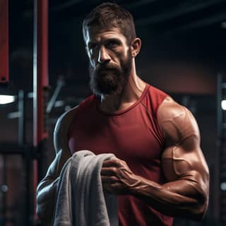 moody sweaty crossfit athelete holding a towel, with a beard and muscles in a gym