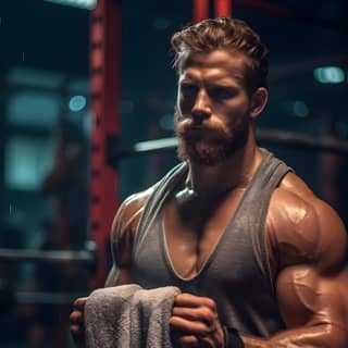 moody sweaty crossfit athelete holding a towel, with a beard and muscles in the gym