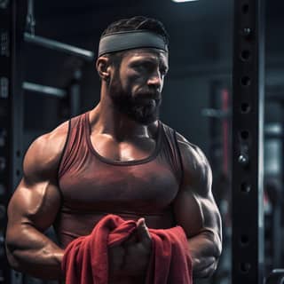 moody sweaty crossfit athelete holding a towel, in a gym holding a towel