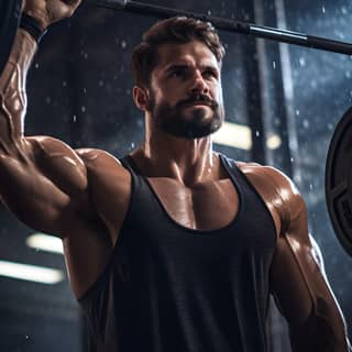 moody sweaty crossfit athelete lifting weights, is lifting a barbell in the gym