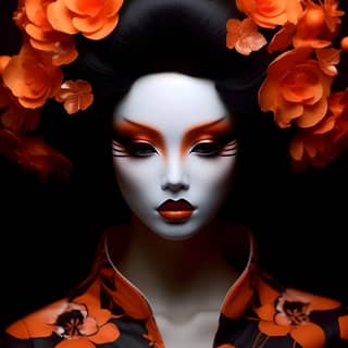 Femme aux fleurs orange dans ses cheveux et un fond noir