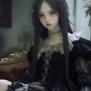 長い黒髪の女の子がソファに座っていて、黒いドレスを着た人形がいる。