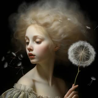 she is blowing a dandilion, with a dandelion in her hair