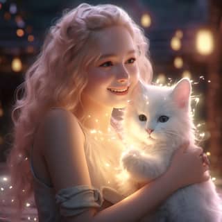 Une fille dans la vingtaine avec un chaton blanc et une expression affectueuse sourit dans un cadre de dark fantasy.