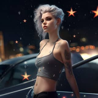 Eine schöne und wunderschöne Frau mit Tattoos steht neben einem Auto in einer städtischen Szene bei Nacht, mit sauberen und scharfen ultra-realistischen Details im Hintergrund.