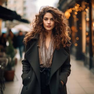 Прекрасная женщина с длинными кудрявыми волосами гуляет по торговой улице зимой в уютном пальто и шарфе.