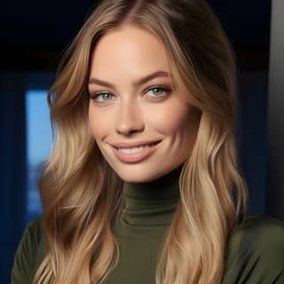 Supermodelo con belleza radiante, piel realista, cabello rubio largo y una camisa verde.