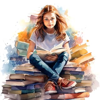 a 12-year-old girl sitting on top of a large pile of storybooks and reading a book knowledge is power pleasant colors