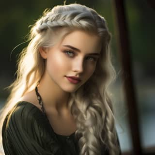 a 16 year old British girl smiling She has striking blue eyes and white hair Her hair is in a crown braid She is wearing