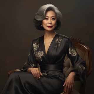 Asian Women in her 50s Hyper Realistic Beautiful business dress posing sitting